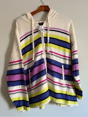 Lane Bryant Cream Hooded Zip Cardigan with Pink, Purple, Blue & Yellow Stripes